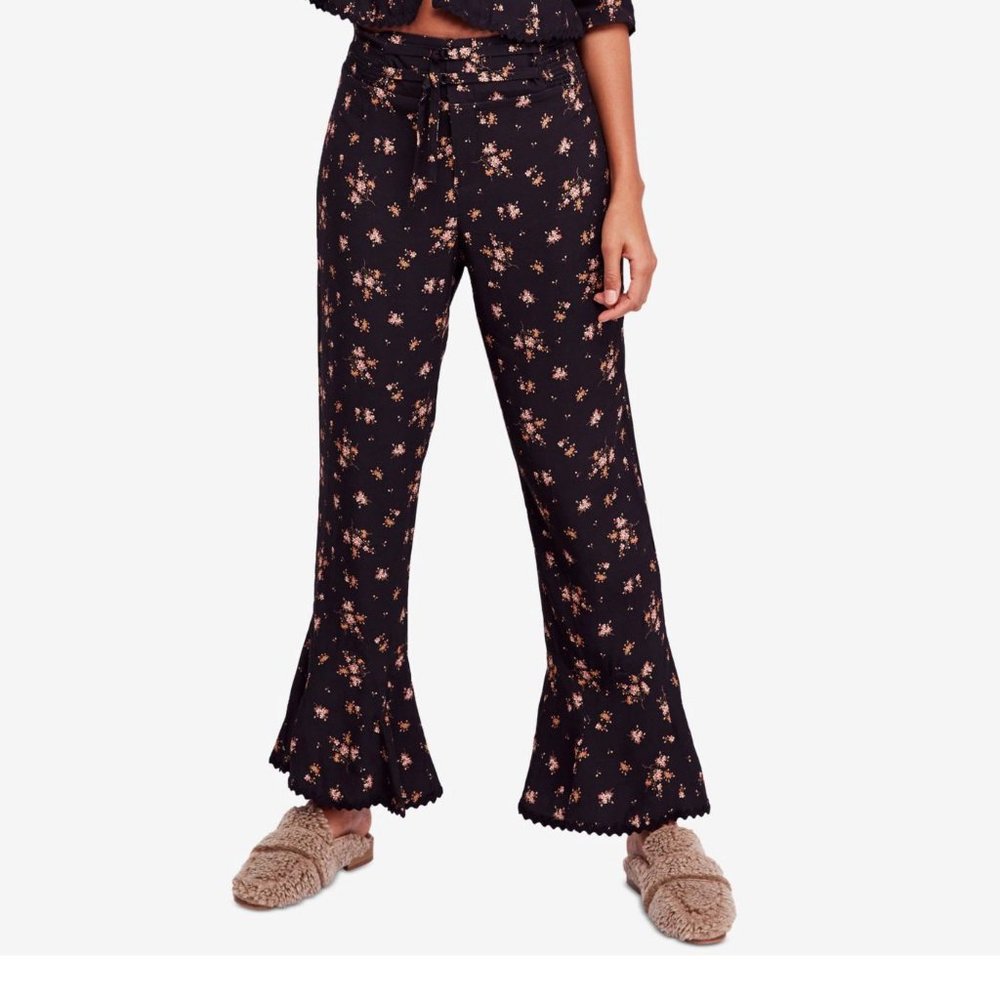 Free People Black Rigged Bottoms Floral Pants